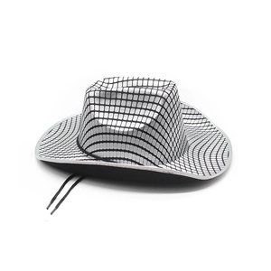 Close-up of silver mirror disco cowboy hat with reflective square sequins and strap
