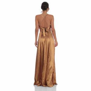Détail d'une robe de soirée en satin doré avec dos nu, laçage croisé et nœud papillon