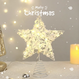 Christmas Tree Topper Star LED Glowing Iron Wire Glitter Warm Light Holiday Decoration Elegant Home