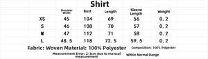 Detailed size chart for women's striped casual shirt with measurements in centimeters