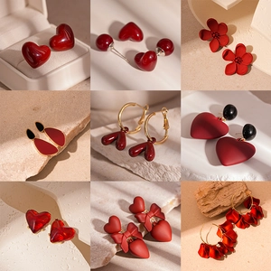 Retro red heart and floral geometric earrings set with silver needles for women