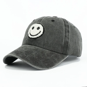 Washed Cotton Baseball Cap Smile Face Chenille Embroidery Vintage Casual Adjustable Sun Hat For Adults Kids