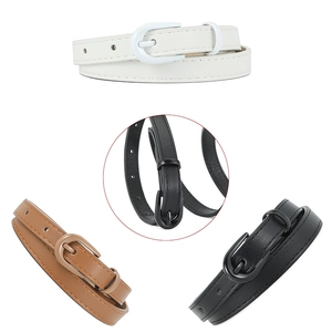Three minimalist PU leather belts in white, brown, and black with matching metal buckles