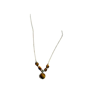 Vintage round tiger eye stone pendant necklace with brown beads on a delicate chain