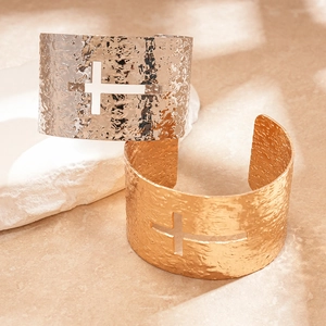 Textured wide metal open cuff bracelets with cross cutout in gold and silver finish