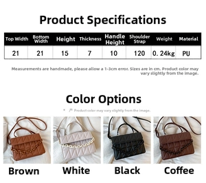 Tableau des tailles détaillé et quatre couleurs pour les sacs carrés en cuir PU matelassé