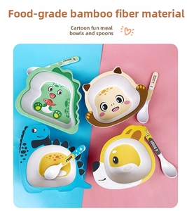 Detailed view of eco-friendly bamboo fiber kids bowl set with cartoon animal designs