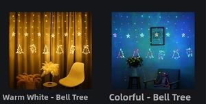 Detailed comparison of warm white and multicolor LED curtain lights in festive shapes
