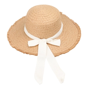 Women's summer straw sun hat with large brim, white bow, and stylish fringe details
