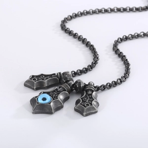 Punk vintage stainless steel evil eye pendant necklace with blue Nazar bead for men
