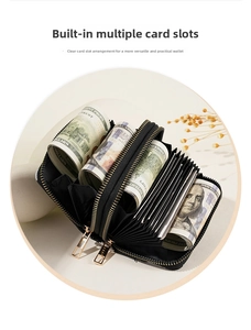 Detailed view of black double zipper card wallet with accordion slots and large capacity