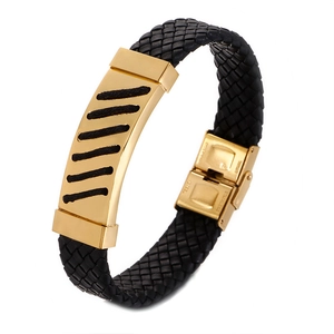 Herren Punk Lederarmband geflochten in Schwarz mit goldenem Edelstahl Verschluss Design