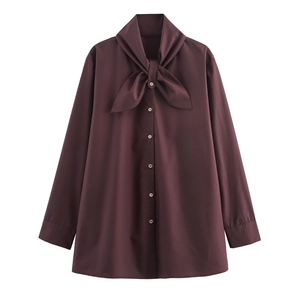 Elegant Women Blouse Long Sleeve Scarf Collar Bow Tie Design Loose Polyester Top Single Breasted Gold Buttons Chestnut