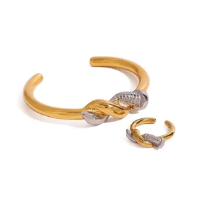 18K Gold Plated Stainless Steel Knot Wrap Two Tone Open Adjustable Ring And Bracelet Elegant Fashion Accessory For Women