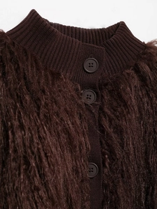 Detail showing dark brown faux fur texture with knitted rib collar and round buttons