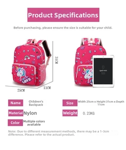 Detailed dimensions and material specifications of the pink cartoon unicorn school backpack