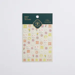 3D embossed nail stickers featuring cute rabbits and macaron floral patterns M-132