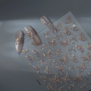 Holographic butterfly nail stickers with bow designs and metallic laser finish on long nails