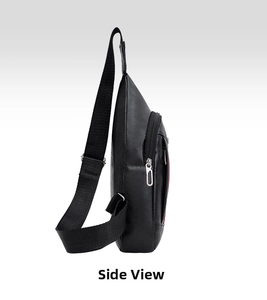 Side view detail of black PU leather chest bag showing litchi texture and silver zipper