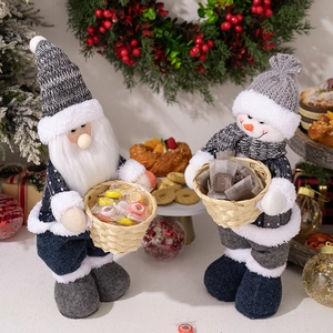 Nordic standing Santa and Snowman plush figurines with candy baskets for Christmas decor