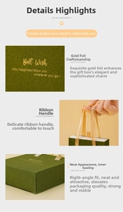 Detail of dark green jewelry box with gold foil Best Wish text and ribbon handle