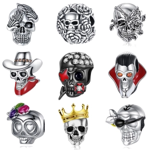 Skull Head Charms Silver Plated Copper Enamel Zircon Halloween DIY Jewelry Making Gothic Skeleton Beads Accessories