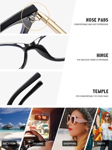 Detailed cat-eye glasses features with adjustable nose pads and durable metal hinges
