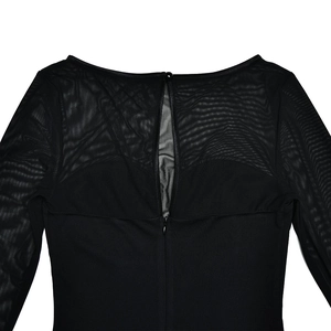 Detail of back keyhole closure and mesh sleeve on long sleeve black bodycon dress
