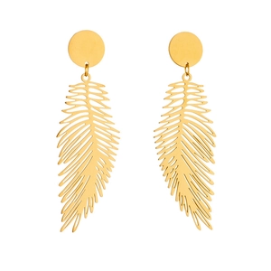 Minimalist gold long feather drop earrings with hollow palm leaf design for women