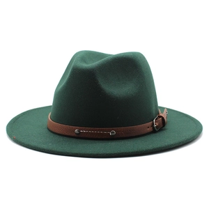 Dark green wide brim wool fedora hat with a brown studded leather band for men and women
