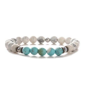 Elastic beaded bracelet featuring blue turquoise and white marble stones for men and women