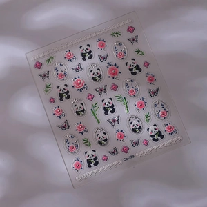 3D-geprägte Nagelaufkleber mit Pandas, Blumen und Schmetterlingen auf weißem Hintergrund