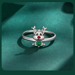 Detail of s925 silver reindeer ring featuring a red nose and green heart stone