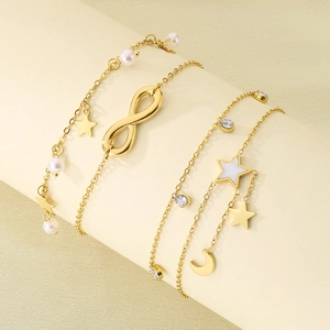 Bracelet de cheville multicouche en titane plaqué or 18K avec étoile, lune et perles