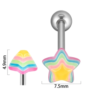 Macro detail of rainbow star barbell showing 4.9mm height and 7.5mm width dimensions