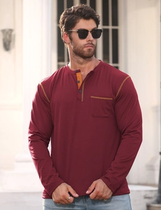 Detail of burgundy long sleeve Henley shirt with contrast yellow stitching and pocket
