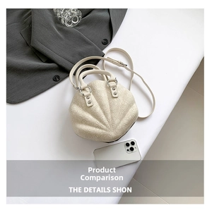 Detail of shell-shaped crossbody bag with floral lace texture and size comparison