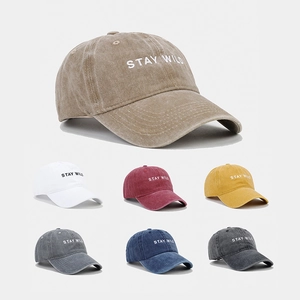 Washed Cotton Baseball Cap Stay Wild Embroidery Distressed Dad Hat Adjustable Sun Protection Outdoor Sport For Men Women