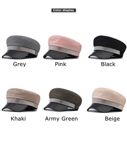 Detailed color display of cotton military caps with rhinestone bands and leather brims