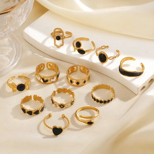 Adjustable Open Ring 18K Gold Plated Stainless Steel Enamel Heart Flower Evil Eye Vintage Boho Jewelry For Women