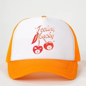 Orange and white trucker hat with Feeling Lucky text and cherry ball graphics