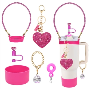 Pink diamond straw cover and heart keychain accessory set for 40oz tumblers