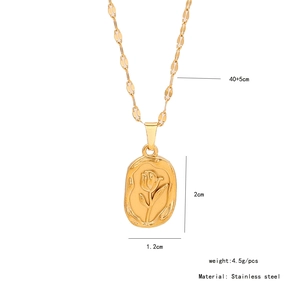 Detail view of gold stainless steel tulip necklace with technical size and weight specs