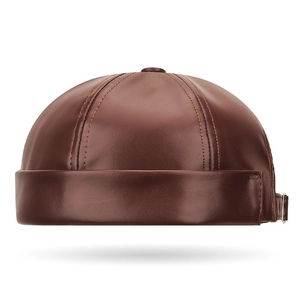 Retro dark brown PU leather docker cap with rolled brim and adjustable back buckle