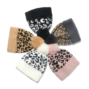 Bonnet Beanie Pour Femme Motif Léopard Tricoté Acrylique Pompon En Fausse Fourrure Chaud Hiver Mode