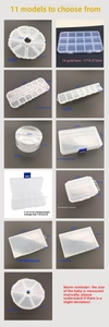 Detailed view of multiple transparent PP plastic storage boxes in various grid layouts