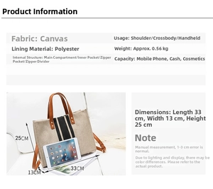 Detailed dimension guide for striped canvas tote bag showing interior pockets and size