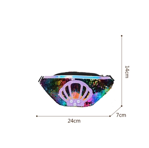 Detail view of colorful sequin fanny pack for girls showing 24cm size and shell decor