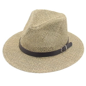 Summer Wide Brim Straw Fedora Hat With Faux Leather Belt Buckle Sun Protection Breathable Beach Travel Jazz Style