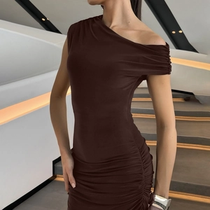 Detail of ruched waist and off-shoulder design on a dark brown bodycon midi dress